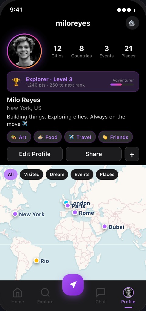 Veya profile for Milo Reyes with explorer level and a map of visited cities